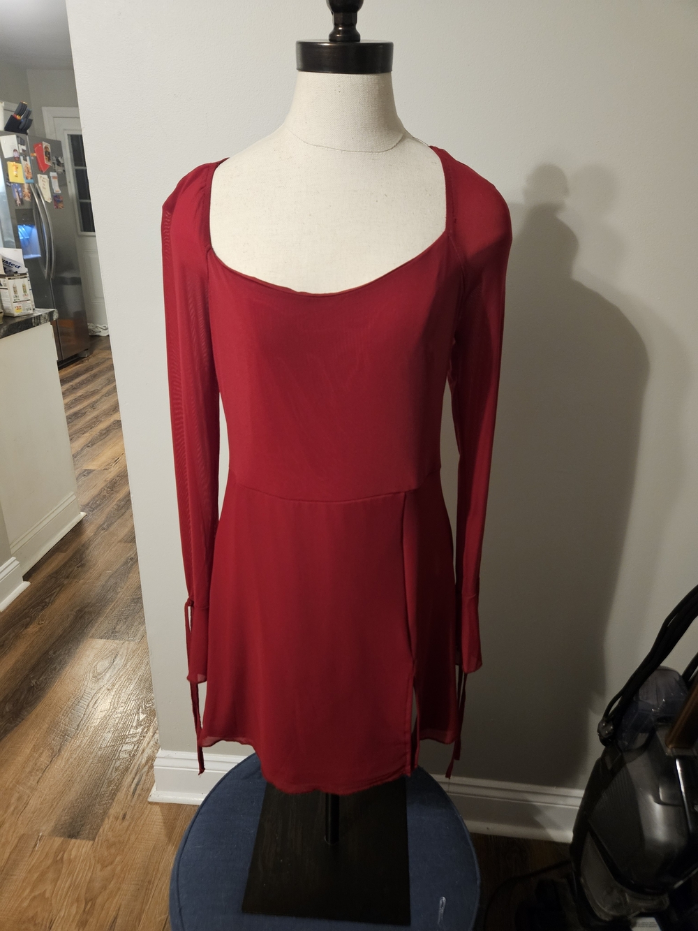 Burgundy Bell Sleeve Slit Thigh Mini Dress